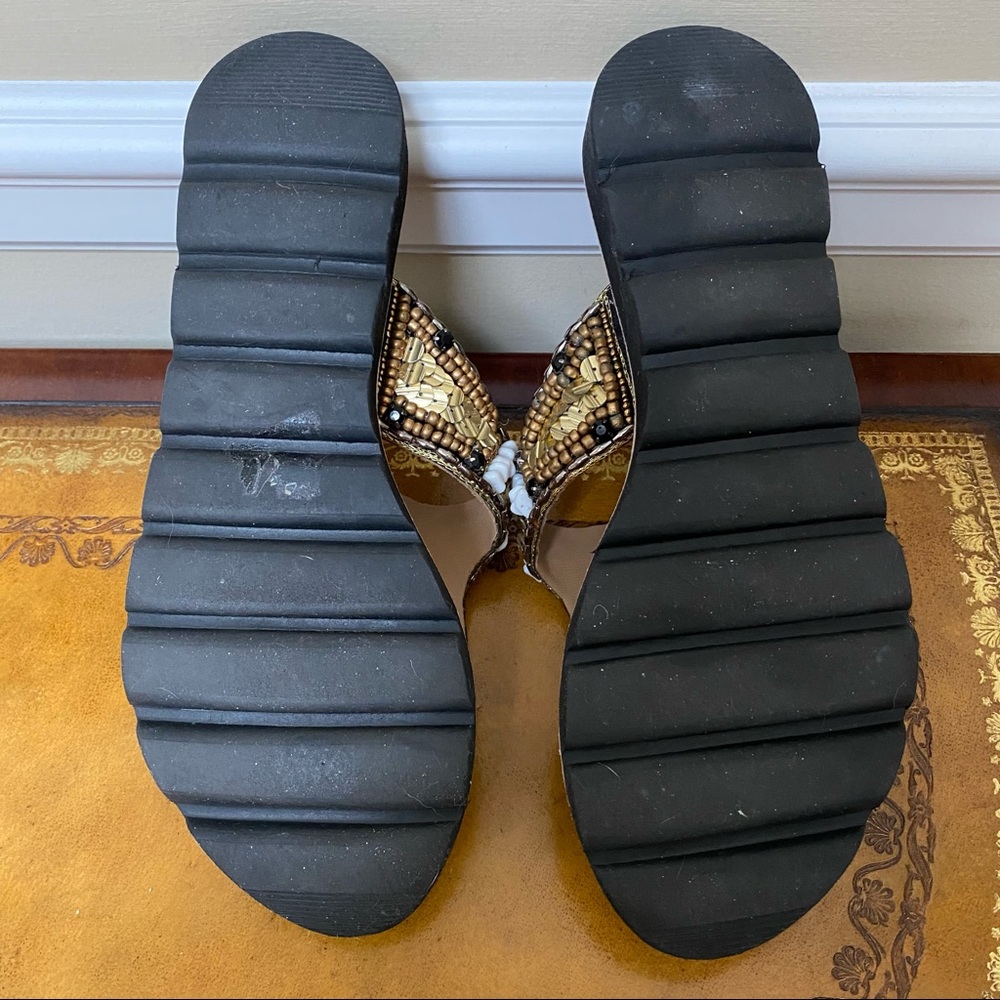 NWOT Pavers England Premium Leather Vegan Beaded Sequence Gold Flip Flop Sandals - Picture 4 of 5
